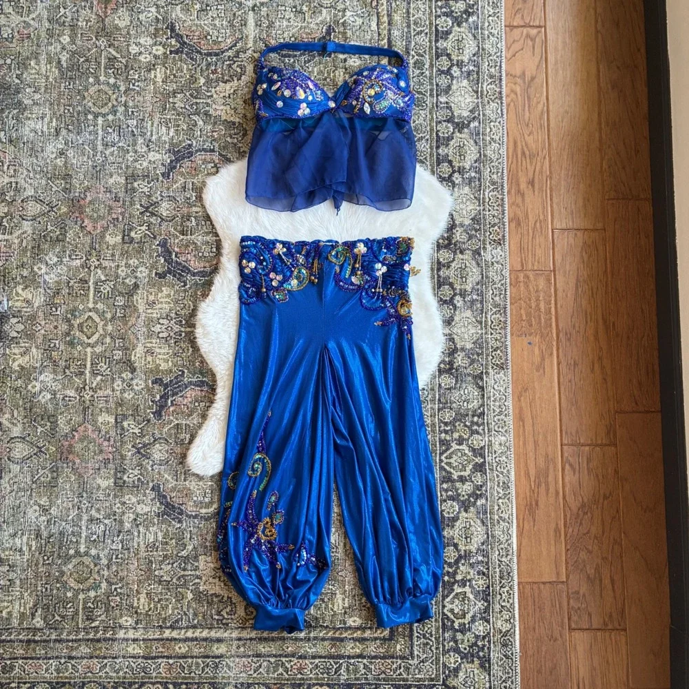 Hand Beaded Bedlah Blue Belly Dancing Costume Set Bra Top and Harem Pants
